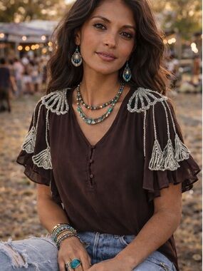 Boyoud boho beaded shoulder blouse extra small brown festival top embellished